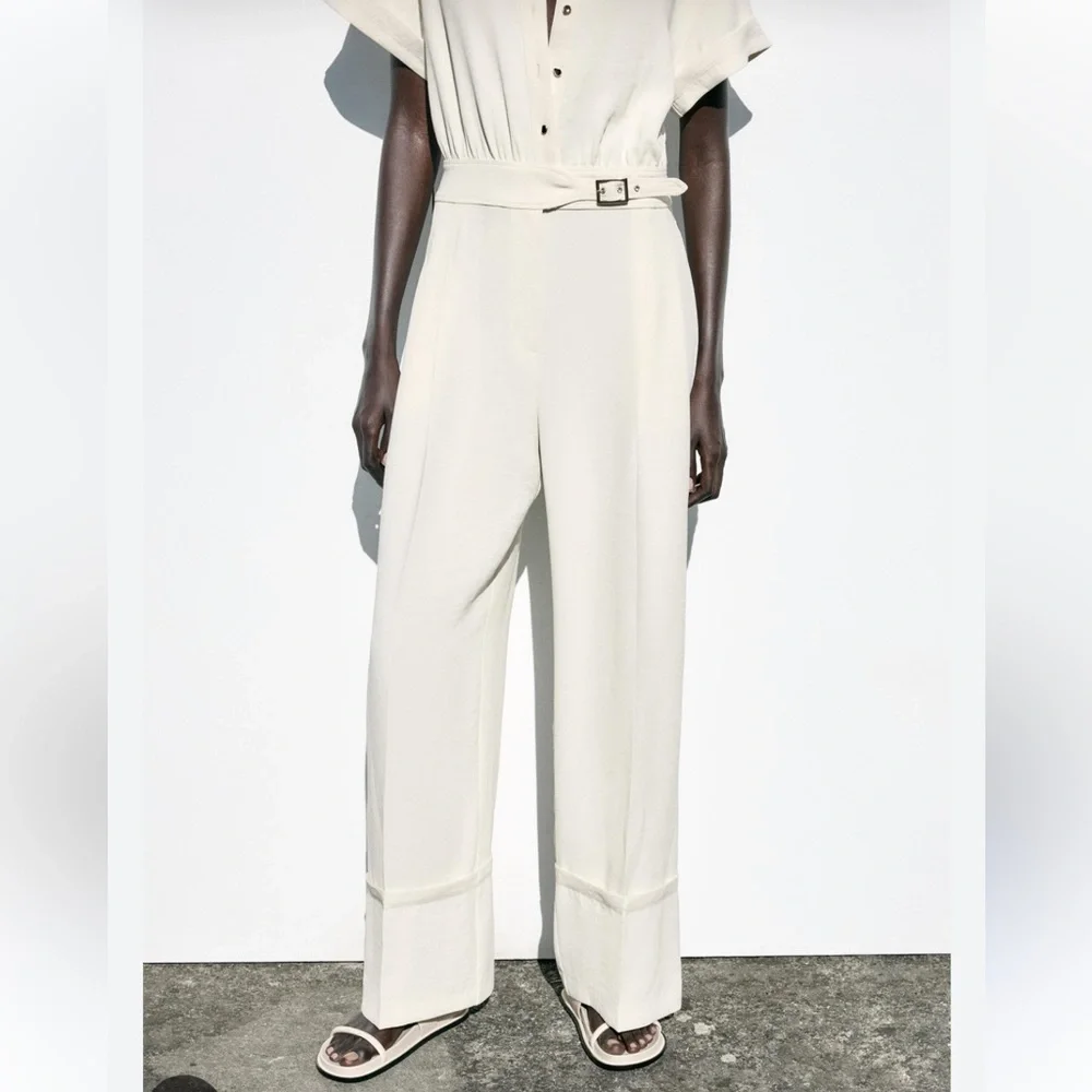 Zara NWT wide leg belted jumpsuit ecru 3278/957